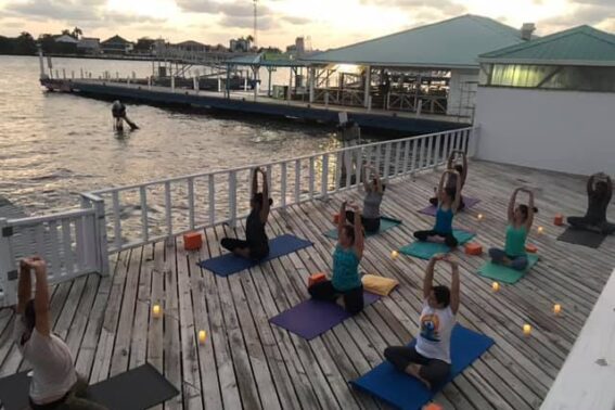 Yoga on Om SHanti Deck over look ing the Harbour